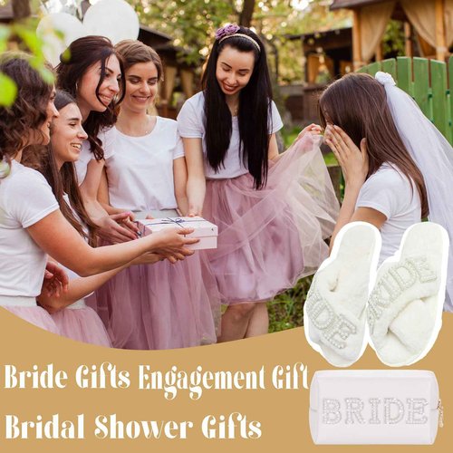 Kovewon Bridal Shower Gifts, Bride to Be Letter Makeup Bag with Pearl Rhinestone Fuzzy Bride Slippers Wedding Engagement Gifts for Her, Bachelorette gifts