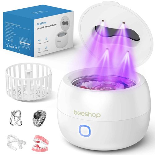 BEESHOP 2025 Ultrasonic Retainer Cleaner Machine – 45kHz Dental Pod for Retainers, Mouth Guards, Braces, Aligners & Jewelry, Denture Cleaner with 3 Modes, 200ml Capacity (White)