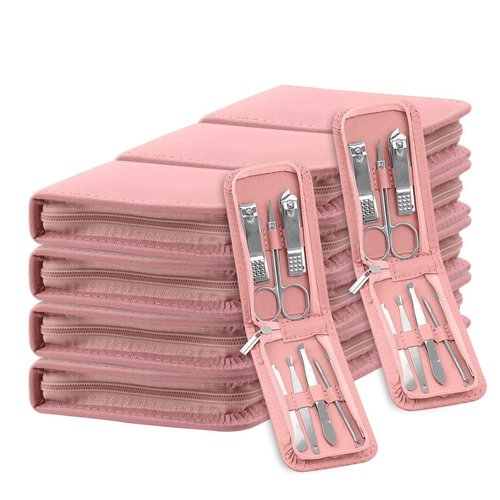 Manicure Set Bulk, Nail Clippers Kit Stainless Steel Fingernail Clippers Set, Sturdy Nail Tip Cutter Trimmers Professional Grooming Toenail Clippers Personal Pedicure Kits 8 in 1 (Pink 12 Pack)