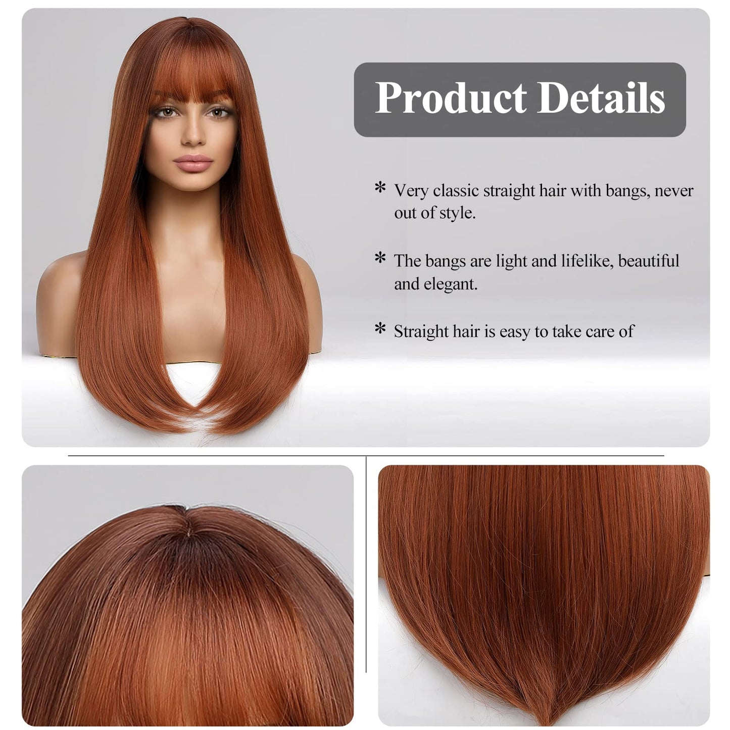 HAIRCUBE Auburn Wig with Bangs Long Hair With Bangs Red Hair Natural Appearance Heat-Resistant Synthetic Wig Daily Play Party Suitable For Fashionable Women 26 Inches