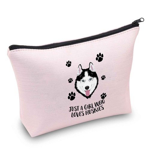MBMSO Husky Makeup Bag Husky Lover Gifts for Women Just a G Who Loves Huskies Cosmetic Bag Siberian Husky Owner Gifts for Husky Mom Zipper Pouch Travel Case (Husky pink bag)