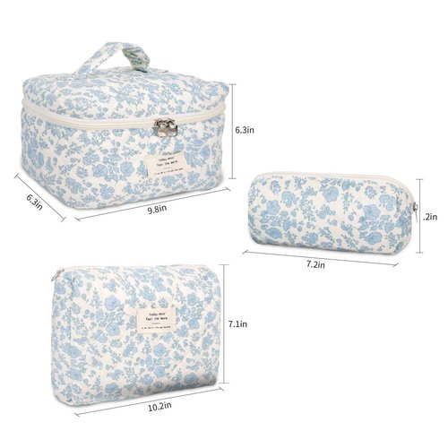 GISMTR 3Pcs Cotton Quilted Makeup Bag Large Travel Cosmetic Bag Coquette Makeup Pouch Cute Aesthetic Floral Toiletry Bag for Women Girls