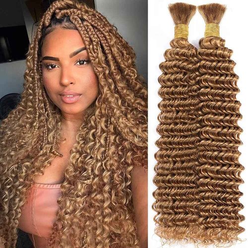 Human Braiding Hair for Boho Braids 100g 16 Inch Honey Blonde Curly Boho Hair for Braiding Knotless 12A Deep Wave Bulk Bohemian 2 Bundles/Pack Color 27