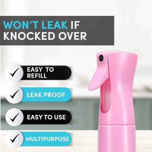 Hula Home Continuous Spray Bottle for Hair (10.1oz/300ml) Empty Ultra Fine Plastic Water Mist Sprayer – For Hairstyling, Cleaning, Salons, Plants, Essential Oil Scents & More - Pink