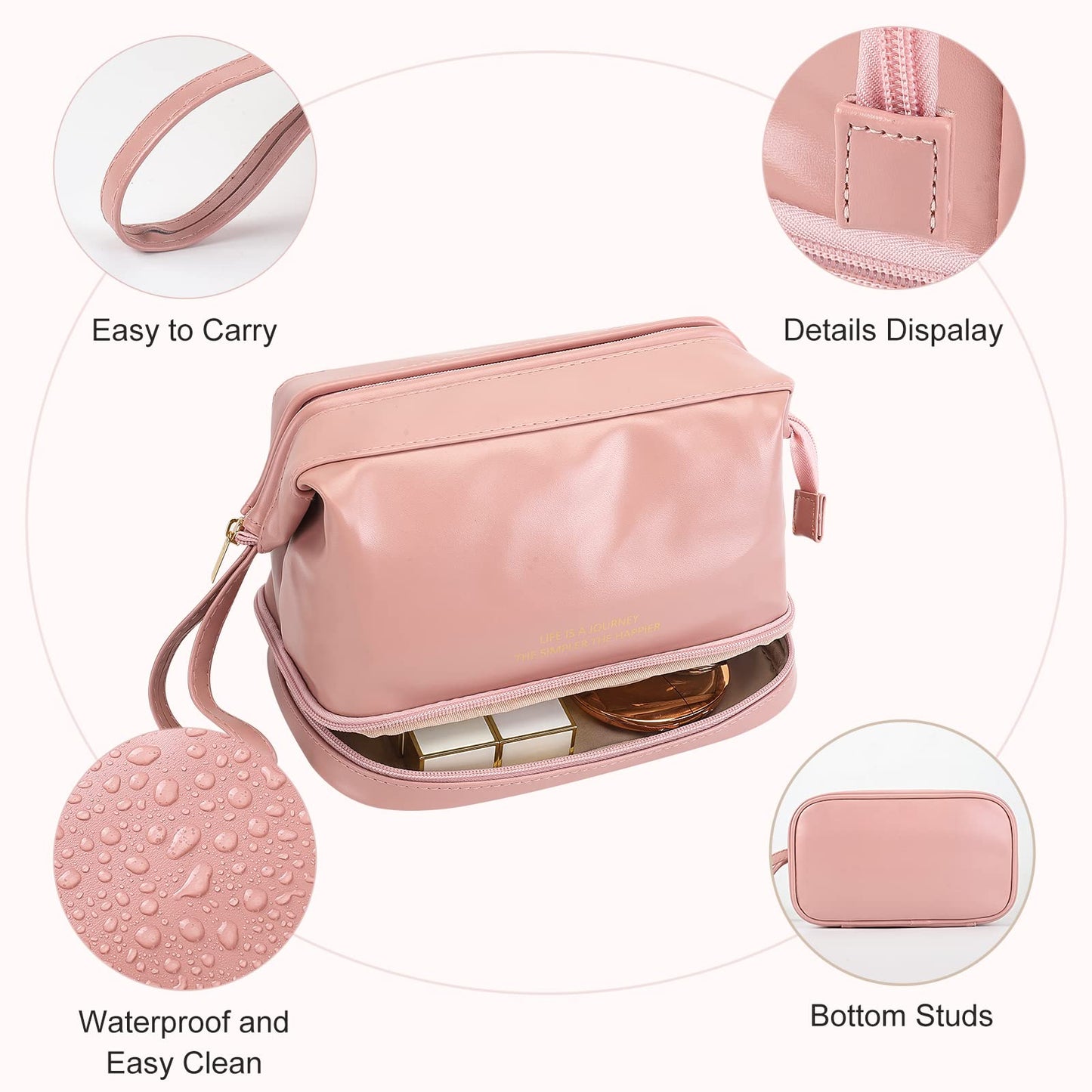 Cosmetic Travel Bag, Double Layer Cosmetic Bag, Large Makeup Bag, Travel Makeup Bag, Makeup Organizer Bag, Leather Cosmetic Bag, Waterproof Toiletry Bag for Women Girls (Pink)