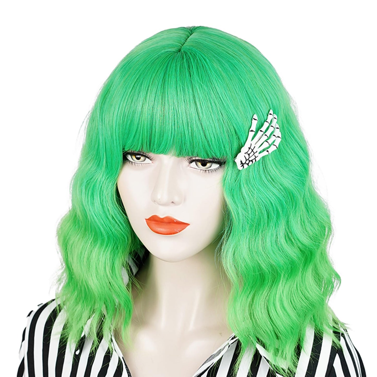 QACCF Short Wavy Shoulder Length Women Full Bang Heat Resistant Bud Green Realistic Synthetic Wig with Hair Pin (Bud)