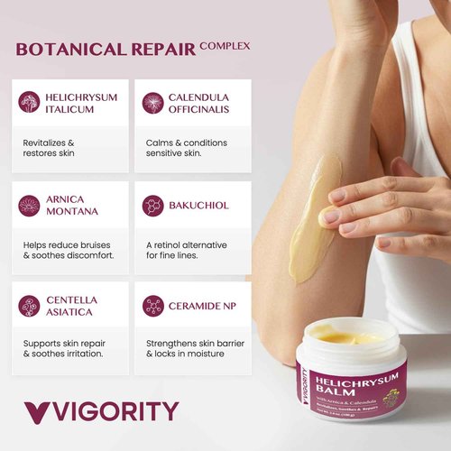 Vigority Helichrysum Balm Soothes & Repairs: Restorative Cream with Arnica & Calendula for Thin, Fragile, Bruised & Aging Skin – Moisturizes & Revitalizes Face & Body – Whipped Texture – 3.4 oz