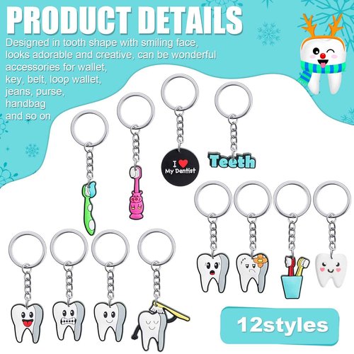 Henoyso 72 Pcs Tooth Shape Keychain Dentist Key Ring Dental Assistant Gifts Cute Tooth Ornament Keychain Gift for Dentist Students Office Staffs Dental Assistants