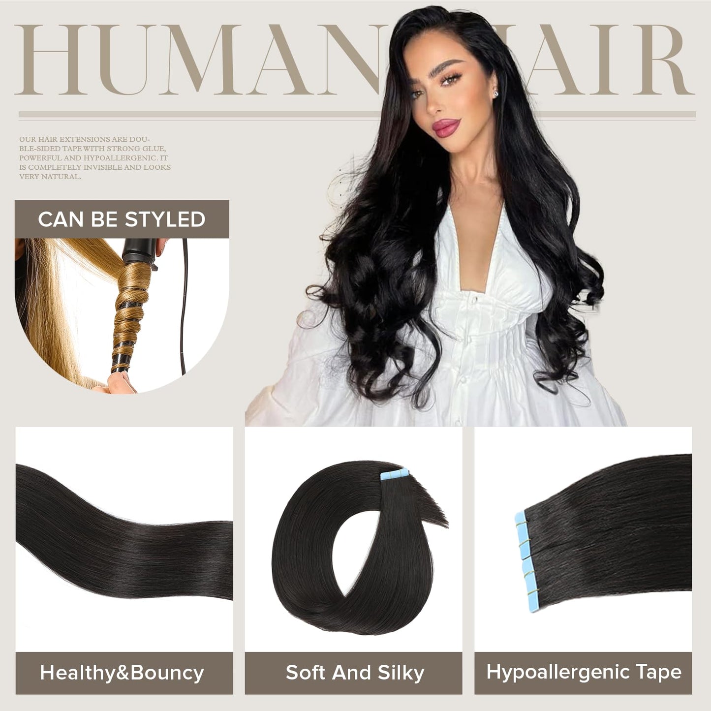 Mifes Tape in Hair Extensions Human Hair Natural Black #1B Hair Extensions Real Human Hair Natural Hair Extensions Straight Hair Extensions for Women 10pcs/25g 20 Inch