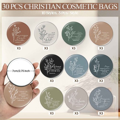 Kacctyen 30 Sets Christmas Religious Gifts Makeup Bags Spanish Christian Gifts for Women Bulk Bible Verse Advent Calendar Regalos Cristianos para Mujer for Canvas Pouch Compact Mirrors (Boho Color)