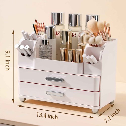 Anyoifax Makeup Organizer Countertop with Large Drawers, Vanity Organizer with Brush Holder, Skin Care Storage for Dresser, Perfume Organizer for Lotion, Lipsitck, Palette, All White
