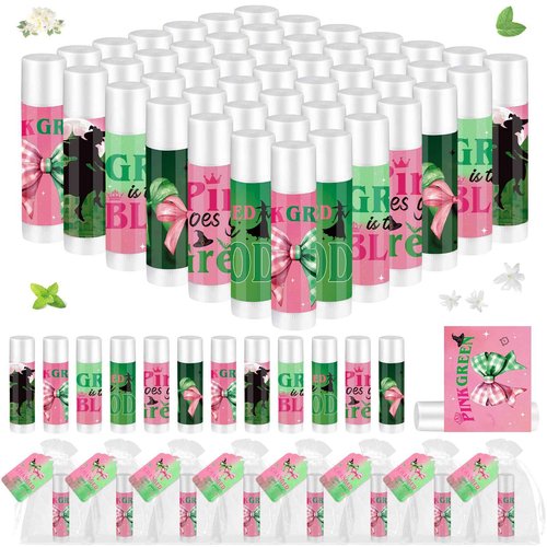 QAUYETM 50 Set Wicked Gifts Lip Balms Bulk Pink and Green Witch Party Favor 6 Assorted Flavors with 50 Organza Bags and Cards Witch Makeup Gifts for Girls Women Halloween Basket Stuffers