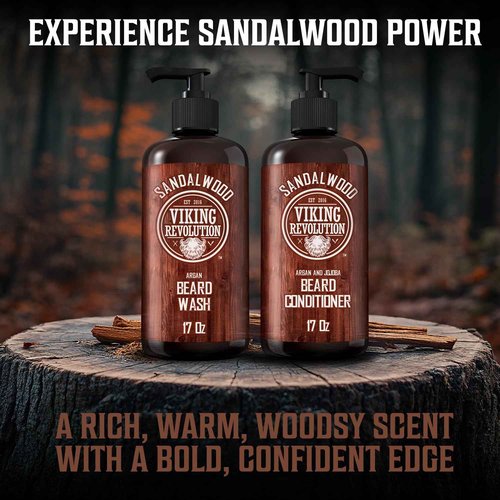 Viking Revolution Beard Wash & Beard Conditioner Set with Argan & Jojoba Oils - Softens and Strengthens - Natural Sandalwood Scent - Beard Shampoo with Beard Oil (17 oz)