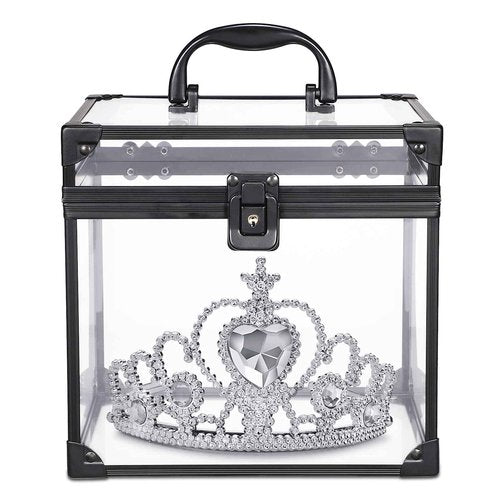 Noverlife Portable Crown Case for Pageants, 8x7x7.5inch Clear Makeup Tools Storage, Large Cosmetic Display, Travel Toiletry Organizer Train Box With Latches, Tiara Storage for Women