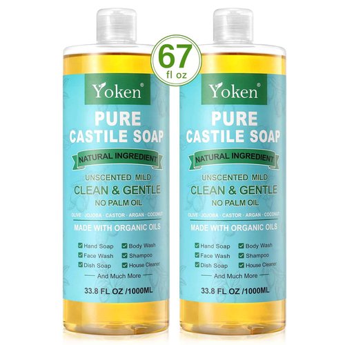 Yoken Pure Castile Soap Liquid Unscented 67 fl oz Castile Liquid Soap Made With Organic Oil, Clean & Gentle, No Palm Oil, Vegan, Natural Castille soaps for Face Body Hand Wash, Dishes Multi-purpose