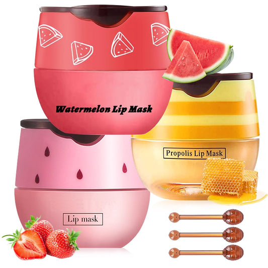 3 PCS Bee Lip Balm Lip Mask Honey Pot, Honey & Strawberry & Watermelon Lip Mask Propolis Moisturizing Lip Balm with Stick, Sleeping Lip Mask Hydrating Prevention Dry & Cracked Lip Scrubs (SET A)