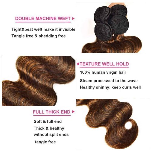 UNice Ombre Brown Highlight Body Wave Human Hair Weave 1 bundle 10 inch, Brazilian Remy Hair Dark Root Blonde Human Hair Weaves Extension Piano Color TFB30