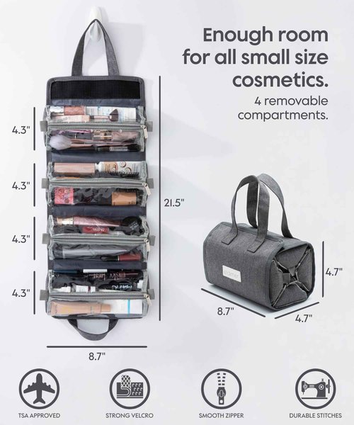 eldimer Small Roll Up Toiletry Bag for Traveling Women - Travel Makeup Bag with 4 Removable Compartments - Hanging Toiletry Bag - Cosmetic Travel Bag - Medicine Bag - TSA Approved Toiletry Bag