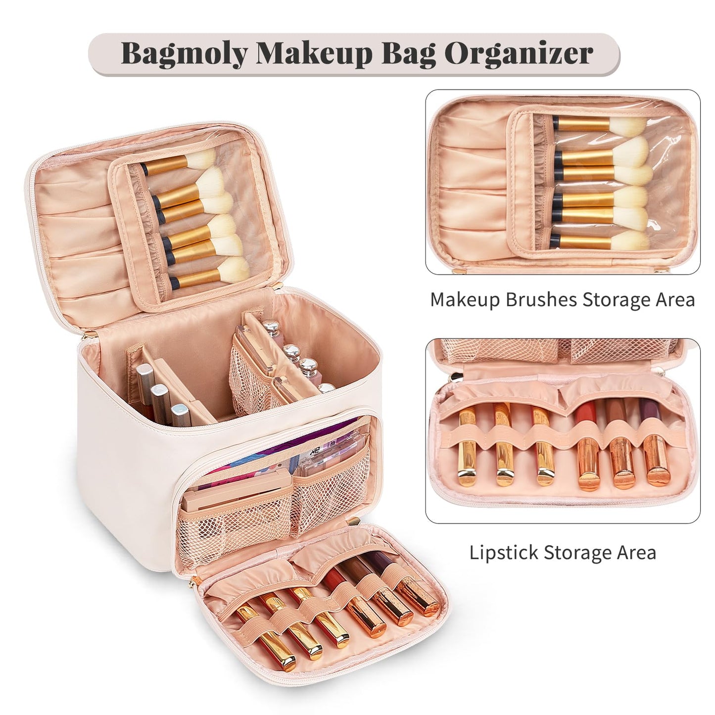 Large Makeup Bag, Portable Travel Makeup Bag for Women Girls with Makeup Brush Compartment, Stylish Makeup Bag Organizer Cosmetic Case With Handle and Divider - Beige