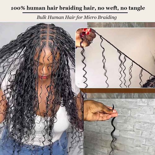 Human Braiding Hair for Boho Braids Human Hair 50g 24 Inch Boho Human Braiding Hair Curly 12A Deep Wave Bulk Bohemian Knotless Braids 1 Bundle Natural Color
