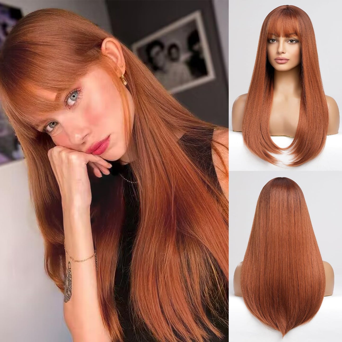 HAIRCUBE Auburn Wig with Bangs Long Hair With Bangs Red Hair Natural Appearance Heat-Resistant Synthetic Wig Daily Play Party Suitable For Fashionable Women 26 Inches