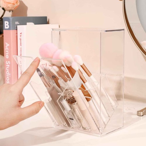 LOHRYVIO Acrylic Makeup Brush Holder with Slanted Flip-Top Lid - Clear Dustproof Cosmetic Make up Brush Organizer and Storage Box - Large Capacity 17-Slots Container for Vanity Brushes (Transparent)