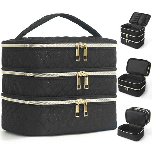 Apxouans Travel Makeup Bag for Women Three Layer Large Cosmetic Case Water-resistant Toiletry Bag Organizer for Store Toiletries Cosmetic Accessories and Manicure Sets Black