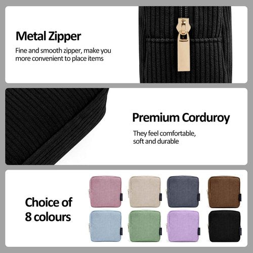 MAGEFY Small Makeup Bag for Purse Mini Cosmetics Bag Corduroy Cute Cosmetic Pouch for Women with Slip-in Pockets-Black