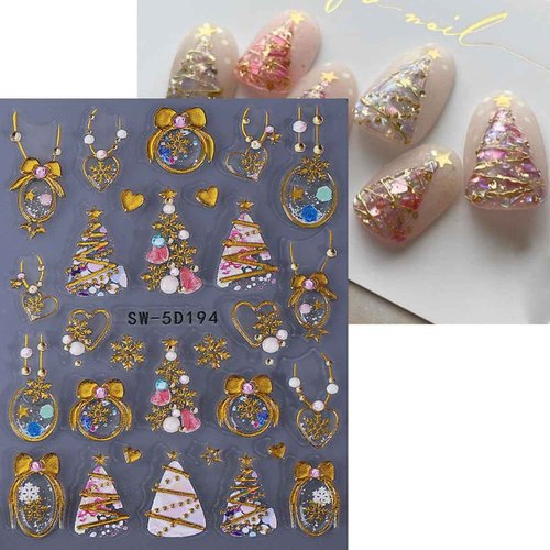 5D Embossed Christmas Nail Stickers for Nail Art - Gold Glitter Nail Art Stickers Xmas Tree Elk Deer Nail Decals Cartoon Nail Supplies for Women DIY Christmas Decorations 2 Sheets