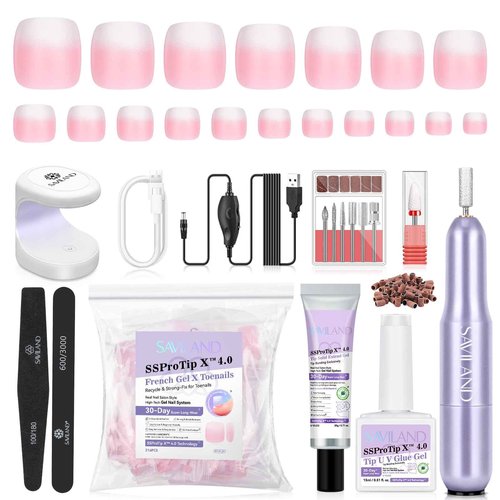 SAVILAND Gel Nail X Kit for Toes: 216 Pcs Toenail Press Ons White Pink Ombre Fake Toe Nails Long Lasting Solid Nail Glue Gel Nail Dryer Acrylic Nail Drill for Quick Nail Extension Starter Home DIY