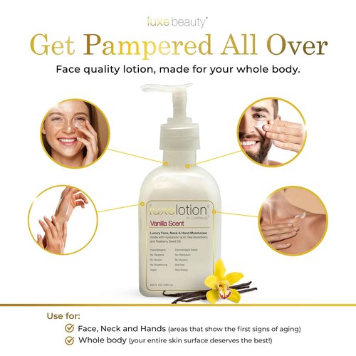 Luxe Beauty Non Greasy & Hyaluronic Acid Moisturizer for Face, Neck & Hands – Anti Aging & Non Toxic Body Lotion - Vanilla Lotion w/Silicone-Free, Organic & Plant-Based Ingredients