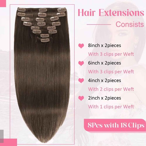 Clip in Hair Extensions Real Human Hair Clip ins 100% Human Hair Extension for Women Clip in Extensions 8pcs Per Set with 18 Clips Double Weft (18 Inch 80g #4 Chocolate Brown)