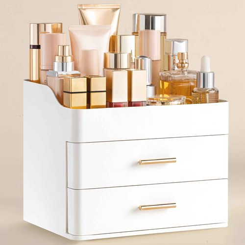 HBlife Makeup Organizer for Vanity with 2 Drawers, Large Bathroom Countertop Cosmetics Organizer Skin Care Storage, Easy to Store Lipsticks, Nail Polishes, Perfumes, Eyeshadow Palettes, All White