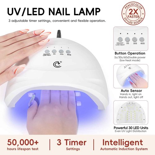 Peacecolor Gel Nail Polish Kit with U V Light and Drill，59PCs Gel Nail Kit 35 Colors with 5PC Matte/Glossy/Glitter Top Base Coat Nail Art Rhinestone Manicure starter Kit Soak Off Gifts for Girls