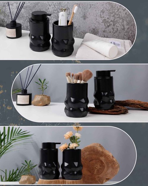 BosilunLife Hand Soap Dispenser - Foam Soap Dispenser Bathroom Ceramic Dish Liquid Soap Dispenser for Kitchen, Bathroom Countertop Soap Dispensers (Black-Foam-Sculpt)