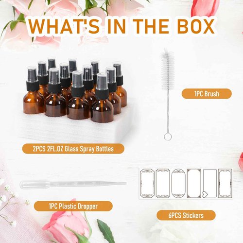 Jaisie.W 2 oz Glass Spray Bottles with Fine Mist Sprayer 2Pack, 60ml Small Amber Glass Spray Bottles 2 oz for Perfumes,Cleaning Products,Pet Spray (2fl.oz, Set of 2)