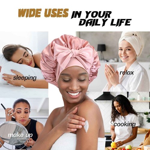 Double Layer Satin Silk Hair Bonnet for Sleeping Women Reversible Adjustable Bonnet with Tie Band for Curly Natural Braids Hair - Blush Pink
