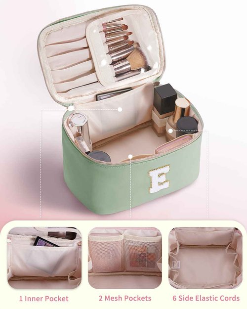Wandering Nature Initial Makeup Bag, Personalized Travel Make Up Organizer Cosmetic Bags with Brush Holder in Vegan Leather, Gift with Chenille Letter for Moms, Wives, Girlfriend, Besties