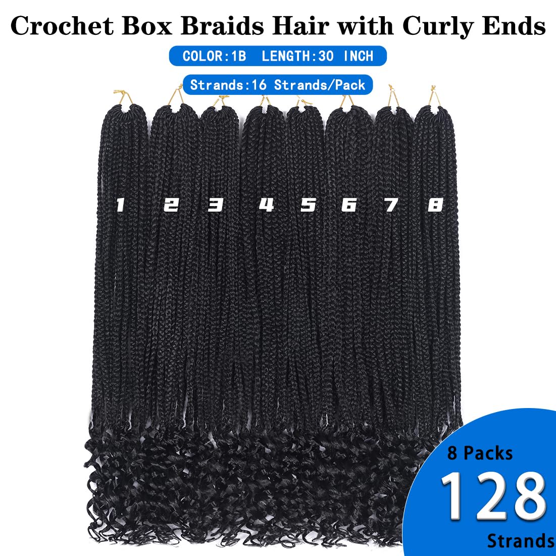 8 Packs 30 Inch Crochet Box Braids Hair with Curly Ends Pre looped Goddess Box Braids Crochet Hair Box Braids Braiding Hair Crochet Braids Hair for Women(30 inch,1B/Sapphire Blue/Light Blue)