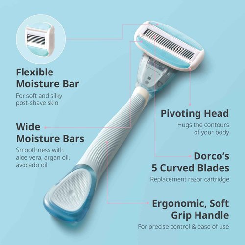 Dorco EVE 5 Razors - Smooth Shaving Razors for Women with 1 Handle & 6 Cartridge Refills, 5 Curved Blades with Flexible Moisture Bar