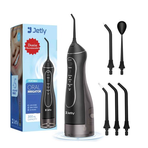 JETLY Water Dental Flosser Teeth Pick Cleaner: Travel Cordless Oral Irrigator 300ML Capacity Portable Rechargeable IPX7 Waterproof Electric Flossing Machine for Teeth Cleaning (Black)