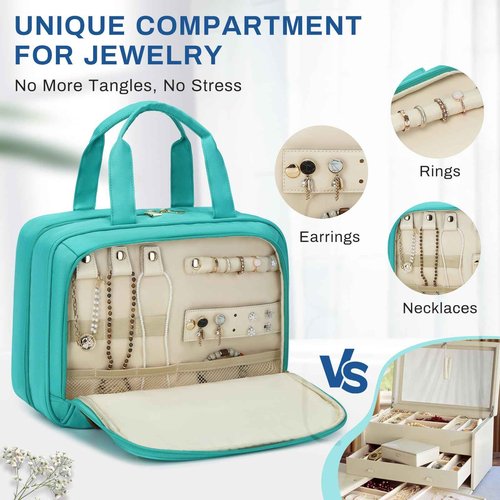 ASKSKY Large Travel Toiletry Bag for Women, Waterproof Hanging Toiletry Bags with Jewelry Organizer, Cosmetic Makeup Bag Organizer, Full-size Container, Travel Essentials Accessories, Shampoo, Green
