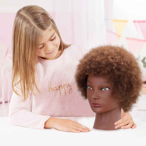 Afro Curly Mannequin Head with 100% Human Hair 10'' Cosmetology Manikin Doll Head for Hairdresser Braiding Practice Hairstyling with Free Clamp Holder-Brown