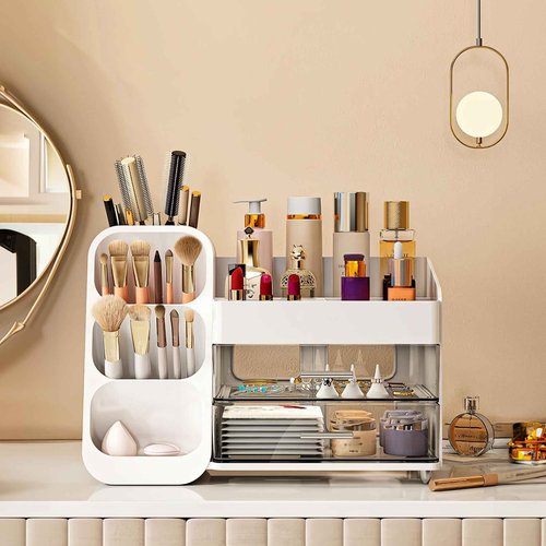 UShioart Large Makeup Organizer With Drawers Capacity Makeup Organizer,Large Vanity Top Skin Care Organizer, Perfume Skin Care Makeup Cabinet With Drawers Perfect Storage (14.5-In)