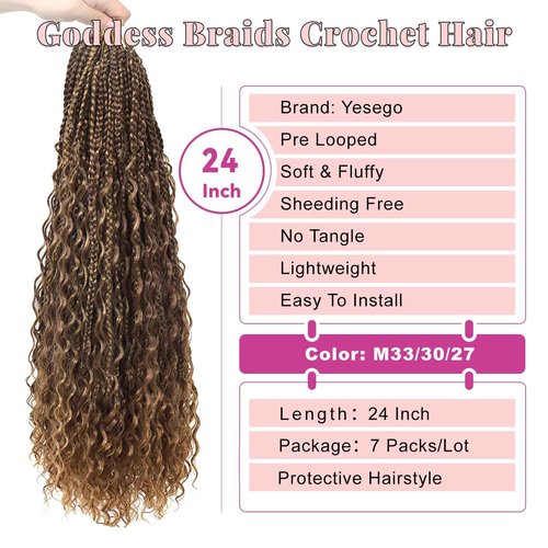 Goddess Bohemian Box Braids Crochet Hair 7 Packs 24 Inch Boho Crochet Braids for Black Women Pre Looped Braiding Hair with Curly Ends, M33/30/27