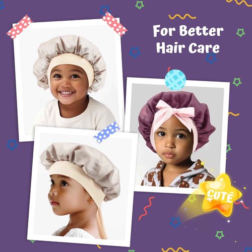 Lolalet 2 PCS Kids Bonnets for Girls, Reversible Silk Bonnet for Sleeping Satin Bonnet Cap with Wide Elastic Band -Violet & Champagne