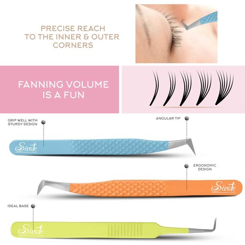SIVOTE Lash Tweezers for Eyelash Extensions Fiber Tips, Set of 3, Volume, Volume Boot, 90 Degree Tweezers, Blue Yellow Orange