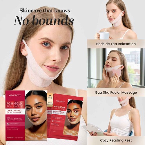 V Line Lifting Mask with Rose Gold - Copper Peptides Jawline Shaper with Collagen and Botanical Blend - Double Chin & Neck Tightening Mask for Face - 7 Pack