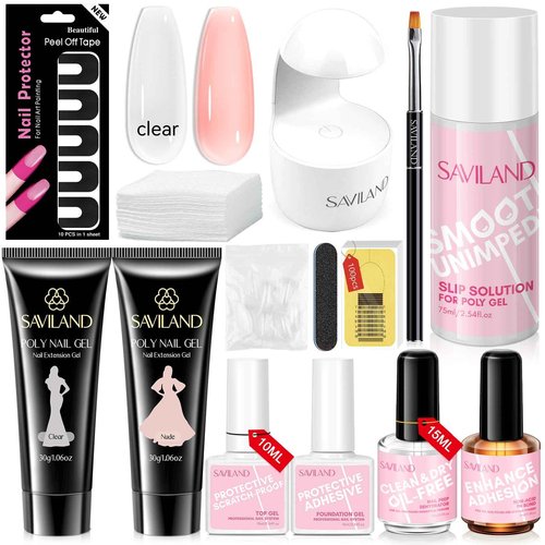SAVILAND Poly Gel Nail Kit: 2PCS 30ML Clear & Nude Colors with Slip Solution U V Lamp Nail Dehydrator Non-acid PH Bond Protector Stickers Nail Extension Starter Kit Long-Lasting Manicure for Beginners
