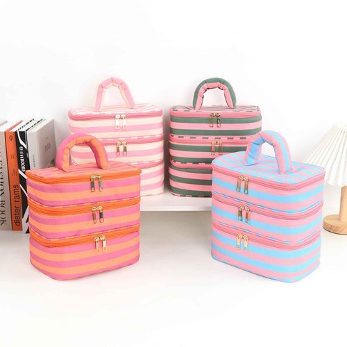 Apxouans Three Layer Makeup Bag for Women Fashion Stripes Cosmetic Bag Preppy Style Travel Water-Resistant Toiletry Bag for Storage Toiletries Cosmetics Sets for Women Teen Girls Pink